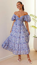 Damen Maxikleid mit voluminösen Puffärmeln und floralem Muster