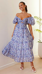 Damen Maxikleid mit voluminösen Puffärmeln und floralem Muster