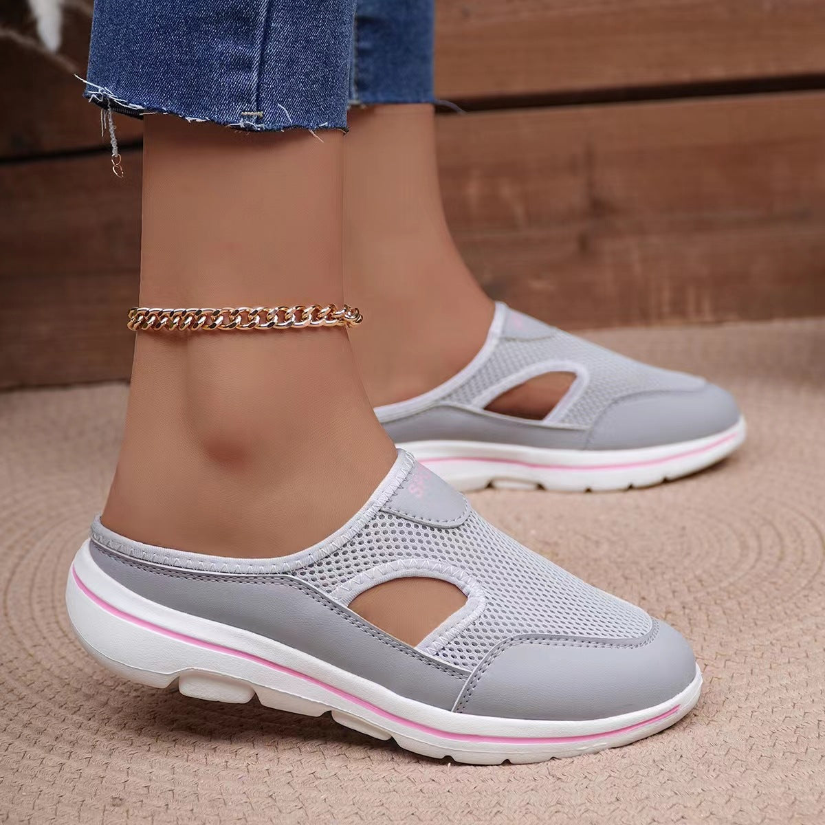 Damen atmungsaktive Freizeitschuhe mit offenem Fersenbereich und rutschfester Sohle R&B