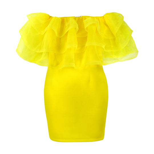 Damen Off-Shoulder-Kleid mit voluminösem Tüllvolant R&B
