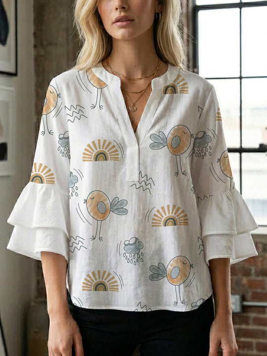 Damen Bluse mit Rüschendetails und auffälligem Animal-Print R&B