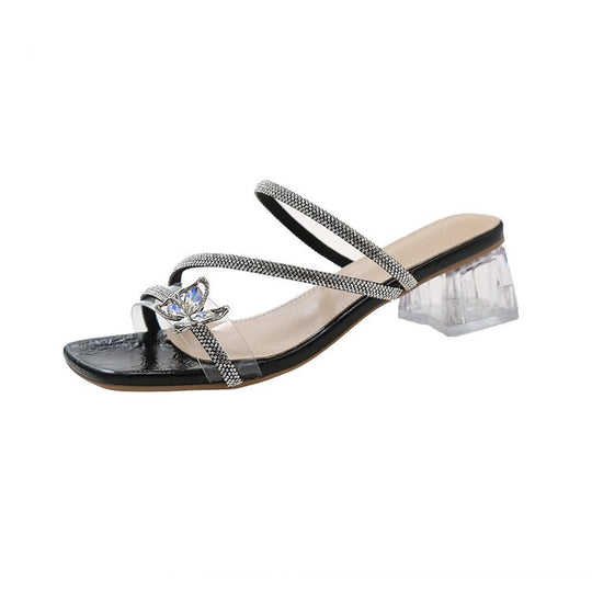 Damen glamouröse Sandalen mit funkelndem Riemen und transparentem Blockabsatz R&B