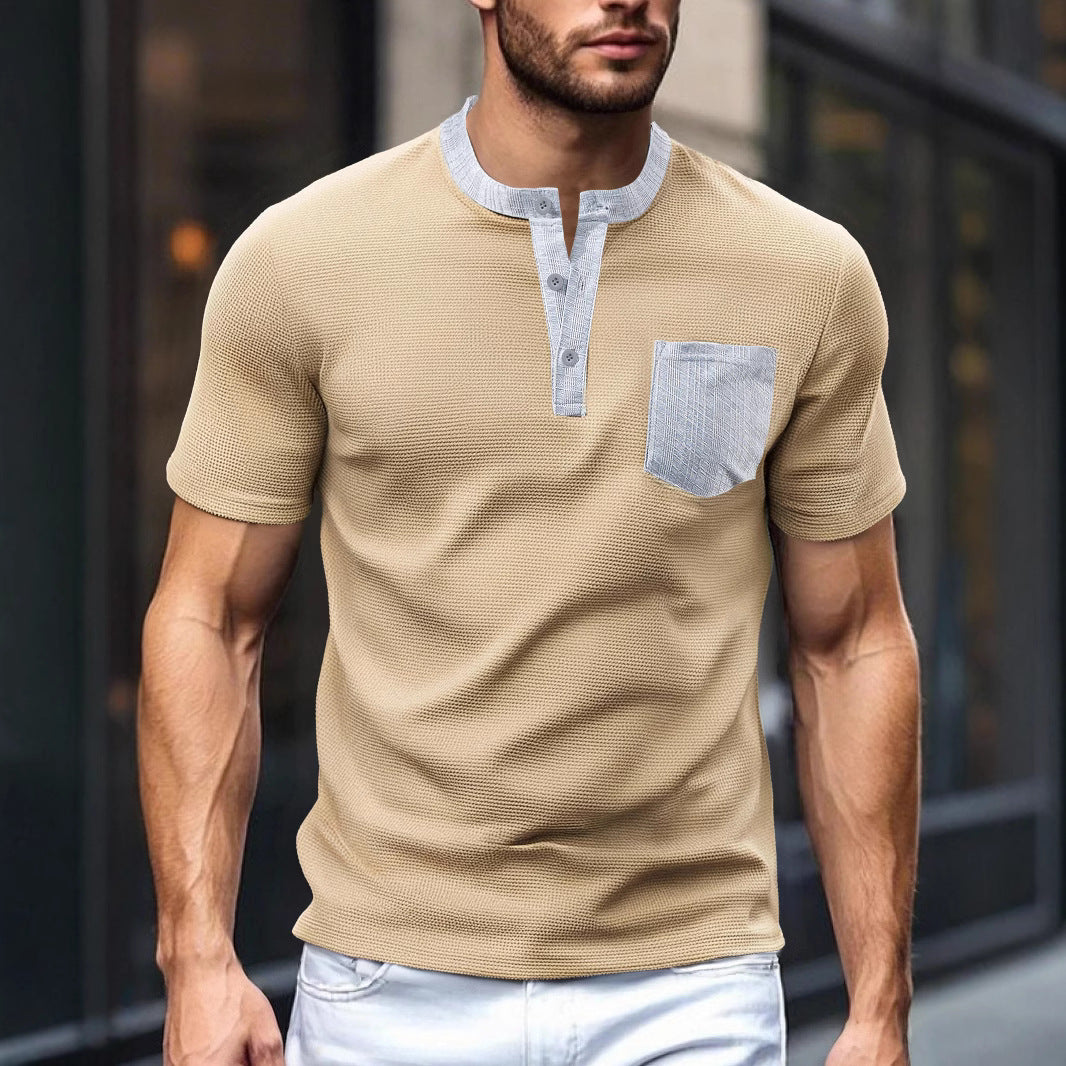 Herren nan atmungsaktives Waffel-Henleyshirt mit Stehkragen kurzer Knopfleiste und aufgesetzter Brusttasche R&B