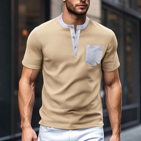 Herren nan atmungsaktives Waffel-Henleyshirt mit Stehkragen kurzer Knopfleiste und aufgesetzter Brusttasche R&B