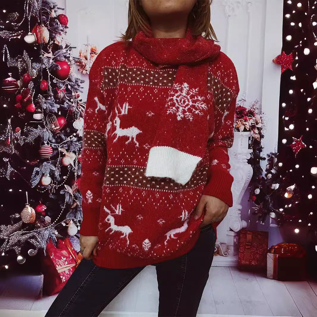 Damen Strickpullover mit festlichem Rentier-Motiv und hohem Kragen R&B