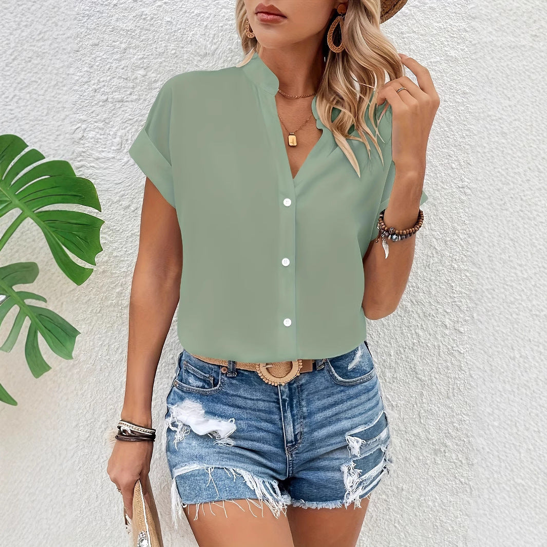 Damen Kurze Bluse mit Stehkragen und Knopfverschluss R&B