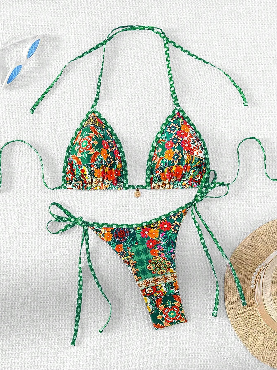 Damen Triangel-Bikini mit buntem floralen Mustermix und verstellbaren Trägern R&B