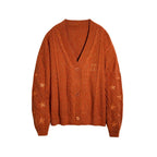Damen nan großzügiger Grobstrick-Cardigan mit Zopfmuster, V-Ausschnitt und Sternstickereien R&B