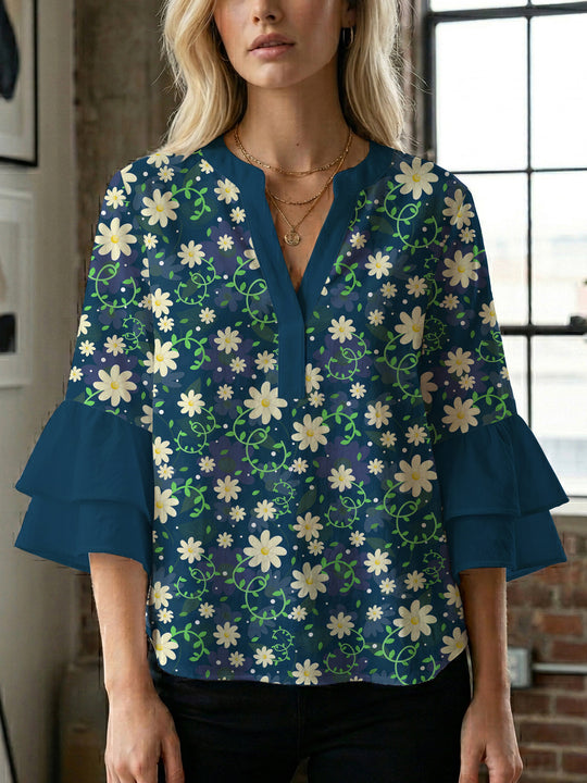 Damen Bluse mit voluminösen Ärmeln und floralem Design R&B