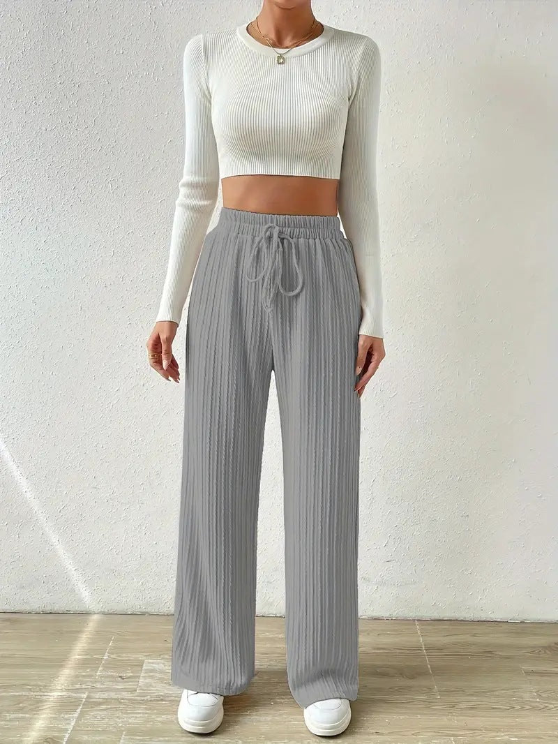 Damen Palazzo-Hose mit vertikalem Kordeldesign und elastischem Bund R&B