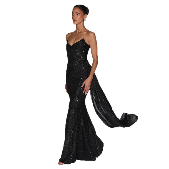 Damen Glamouröses Abendkleid mit tiefem V-Ausschnitt und schimmerndem Überwurf R&B