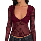 Damen Spitzenoberteil mit tiefem V-Ausschnitt und floralem Design R&B