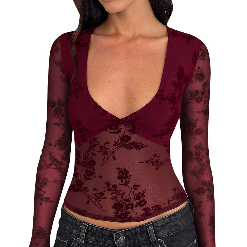 Damen Spitzenoberteil mit tiefem V-Ausschnitt und floralem Design R&B