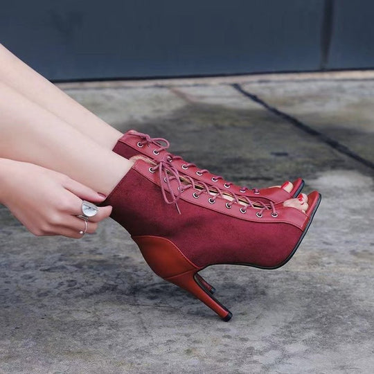 Damen Offene Zehen-Stiefeletten mit elegantem Schnürdesign und hohem Absatz R&B