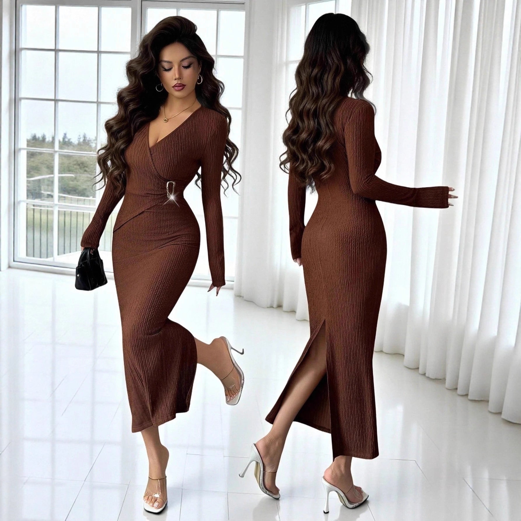 Damen nan tailliertes Wickelkleid mit V-Ausschnitt, strukturierter Knitteroptik und dekorativer Gürtelschließe R&B