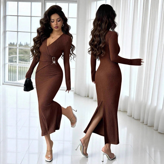 Damen nan tailliertes Wickelkleid mit V-Ausschnitt, strukturierter Knitteroptik und dekorativer Gürtelschließe R&B