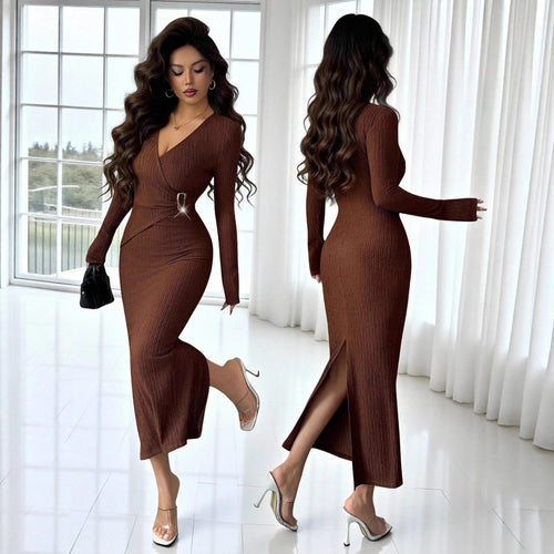 Damen nan tailliertes Wickelkleid mit V-Ausschnitt, strukturierter Knitteroptik und dekorativer Gürtelschließe R&B