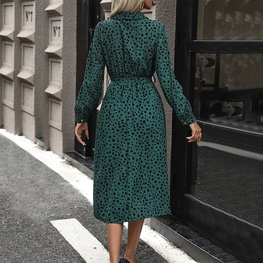 Damen Midi-Kleid mit punktiertem Muster und tailliertem Gürtel R&B