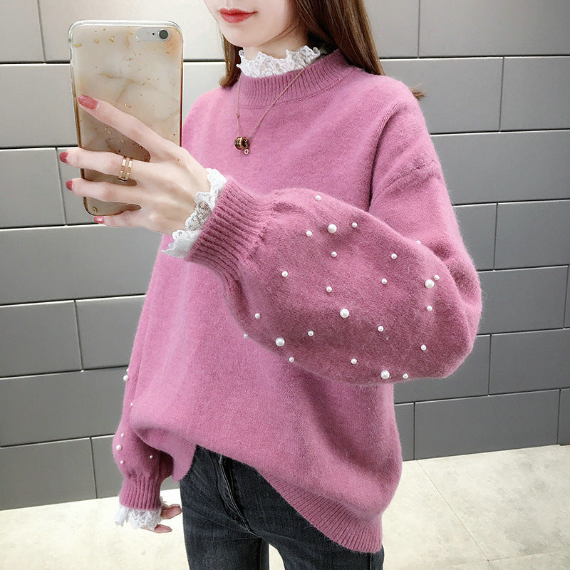 Damen trendiger Strickpullover mit Perlendetails und voluminösen Ärmeln R&B