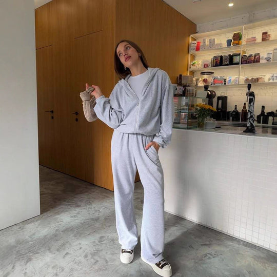 Damen bequemer Fleece-Jogginganzug mit Kapuze und seitlichen Taschen R&B