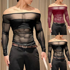 Damen nan transparentes Netz-Langarm-Oberteil mit blickdichtem Brustband und weitem Rundhalsausschnitt R&B