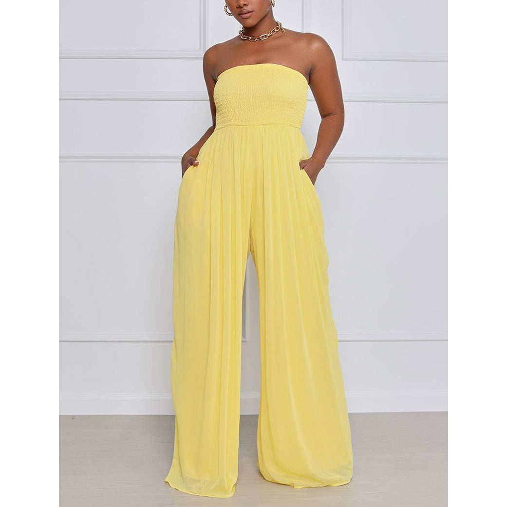 Damen eleganter Jumpsuit mit schulterfreiem Design und elastischem Oberteil R&B