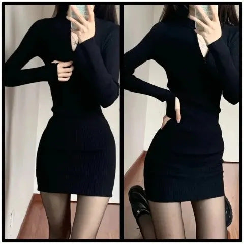 Damen figurbetontes Minikleid mit modernem Reißverschluss und Rippstruktur