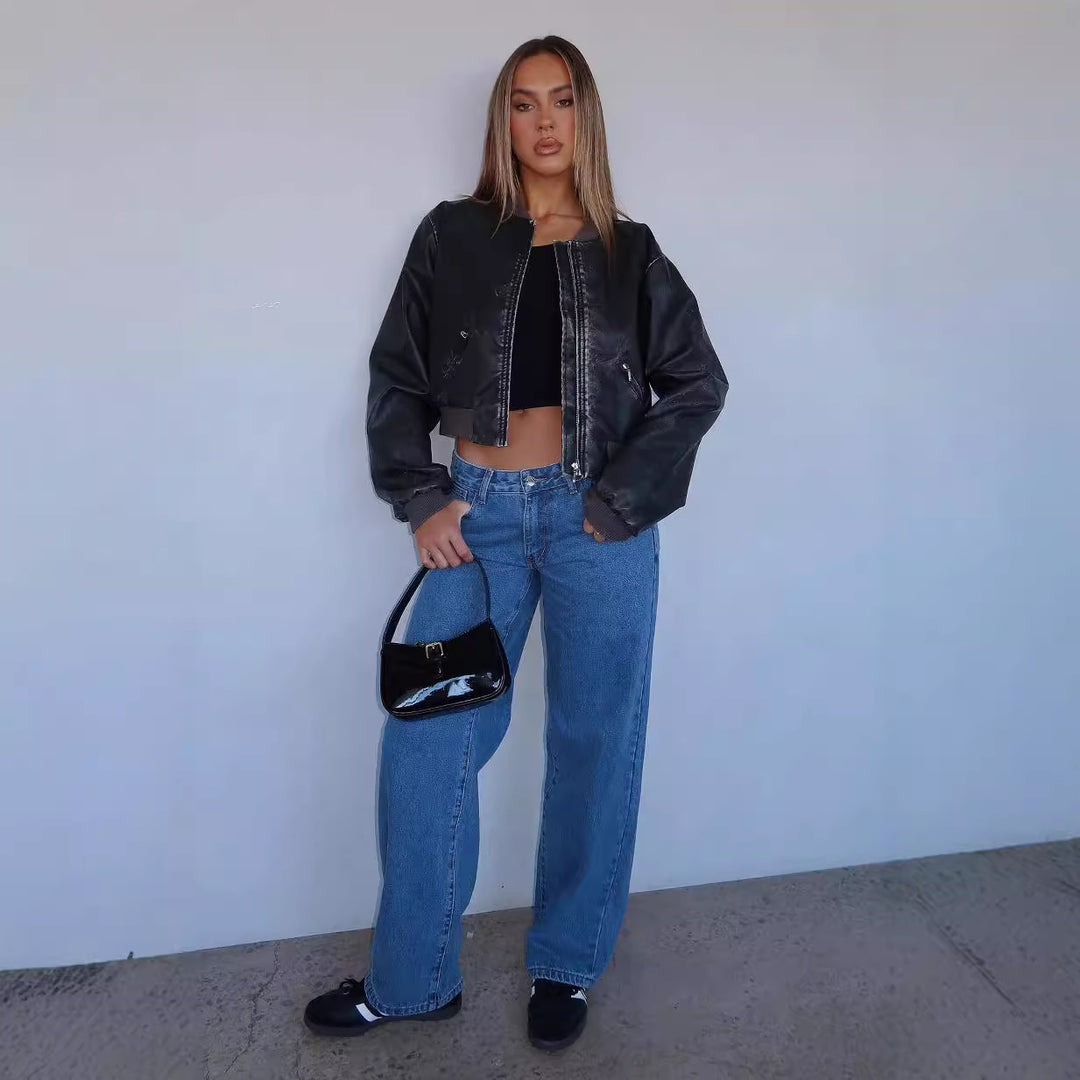 Damen lässige weite Jeans mit hohem Bund und modischem Schnitt R&B