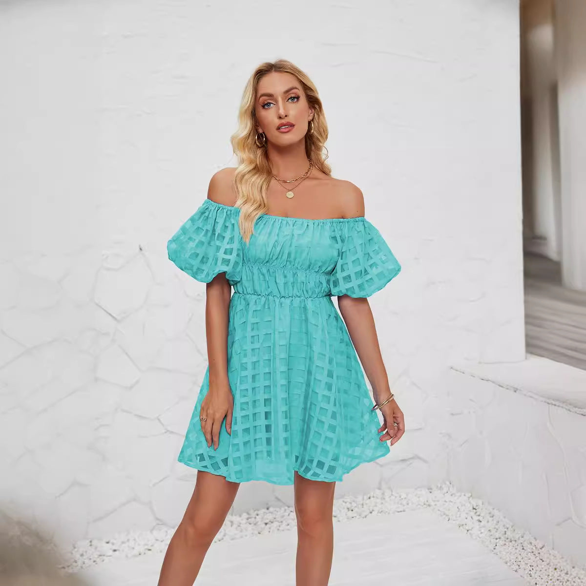 Damen Sommerkleid mit luftigen Puffärmeln und verspieltem Karo-Muster R&B