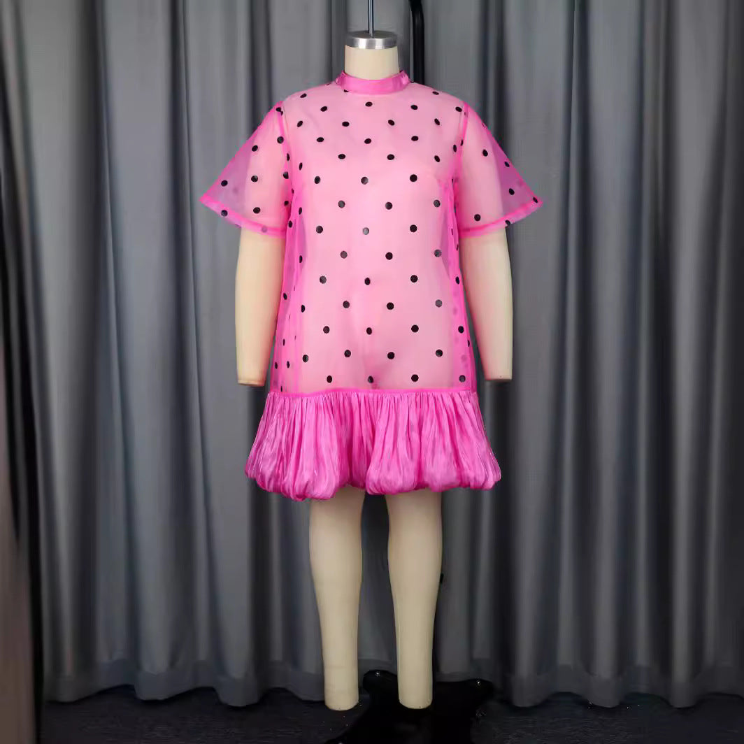 Damen durchsichtiger Polka-Dot Mini-Kleid mit Rüschensaum R&B