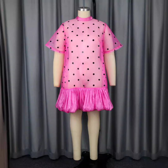 Damen durchsichtiger Polka-Dot Mini-Kleid mit Rüschensaum R&B