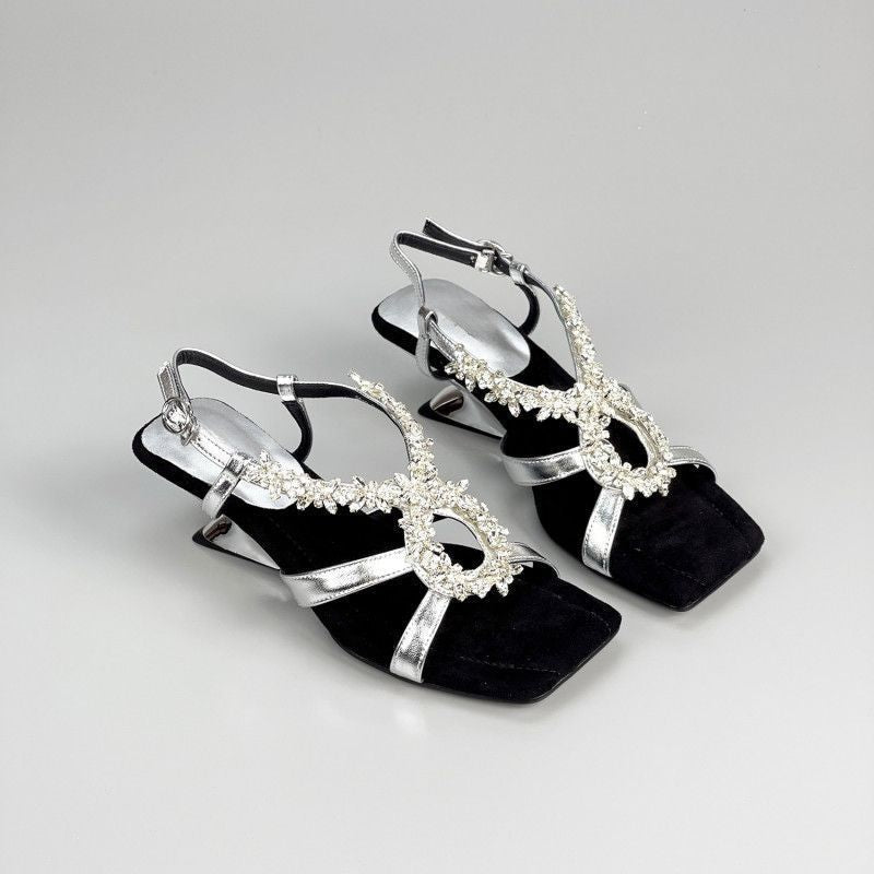 Damen elegante Slingback Sandalen mit funkelnden Kristallverzierungen R&B
