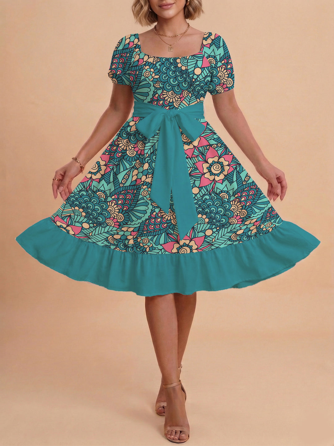 Damen modernes Blumenkleid mit elegantem Taillengürtel und asymmetrischem Saum R&B
