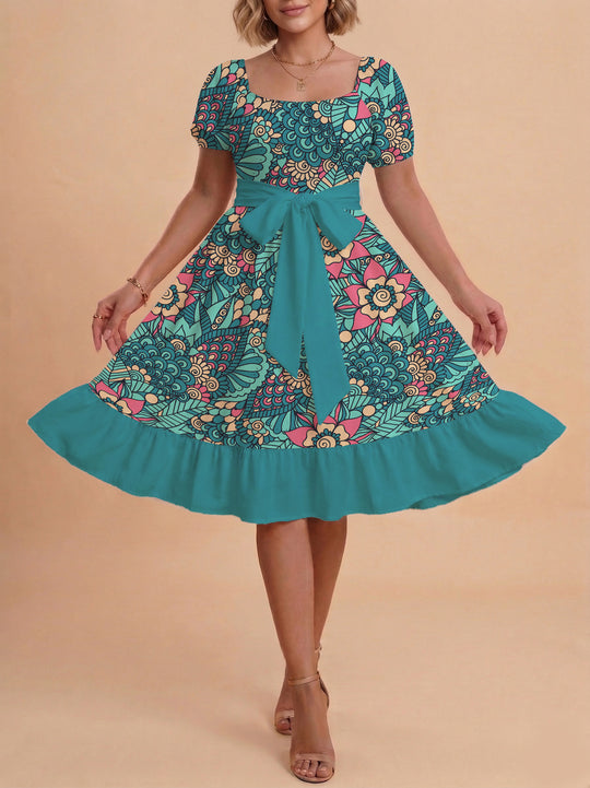 Damen modernes Blumenkleid mit elegantem Taillengürtel und asymmetrischem Saum R&B