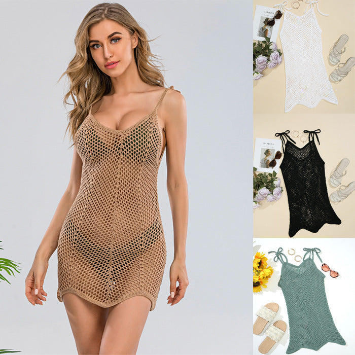 Damen Häkel-Strandkleid mit verstellbaren Trägern und dekorativem Netzdesign EB