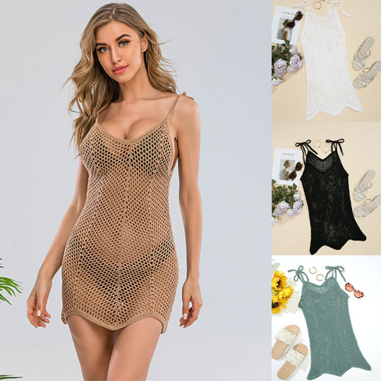 Damen Häkel-Strandkleid mit verstellbaren Trägern und dekorativem Netzdesign R&B