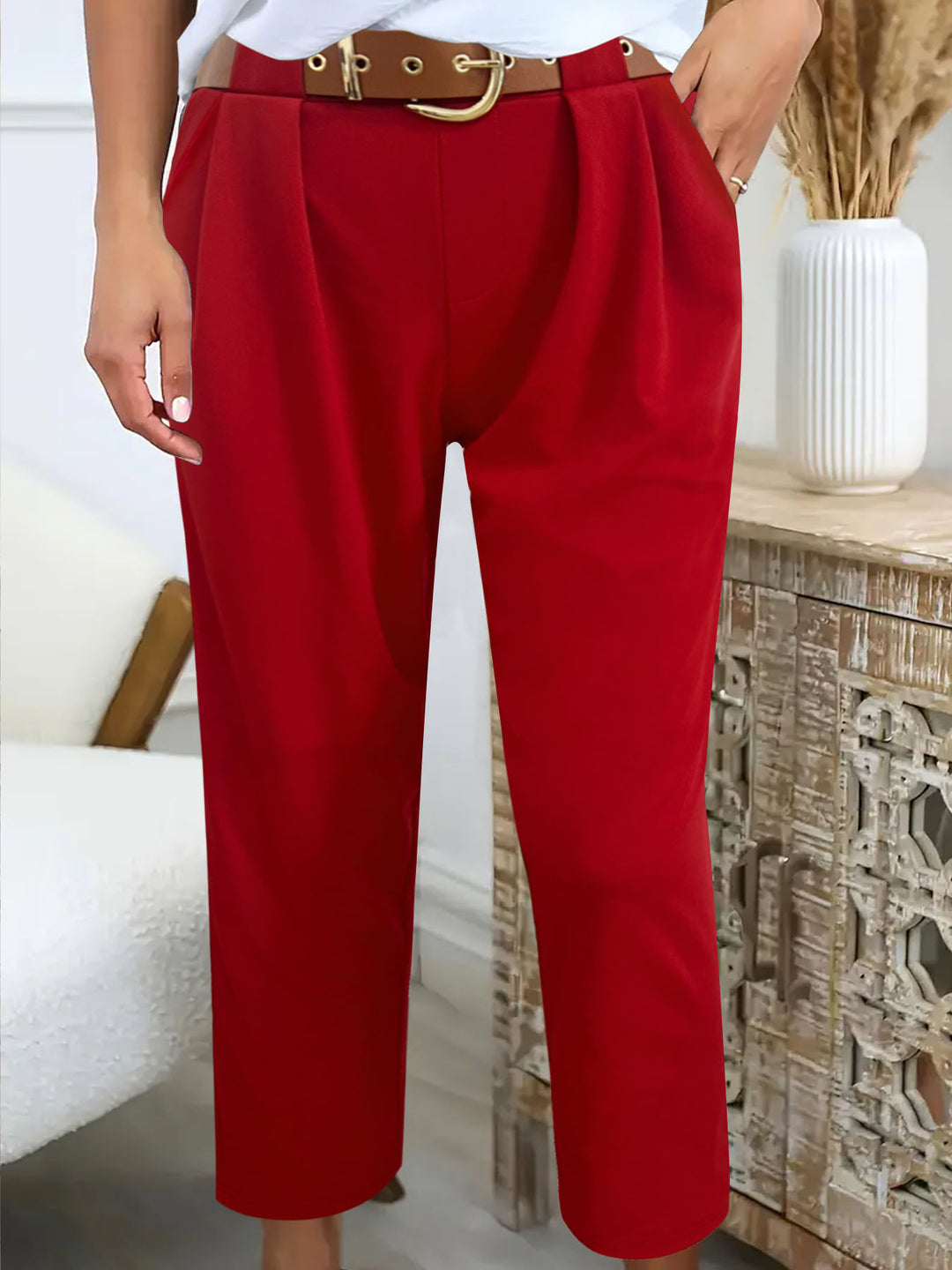 Damen Elegante High-Waist-Hose mit Falten-Details und Gürtel R&B