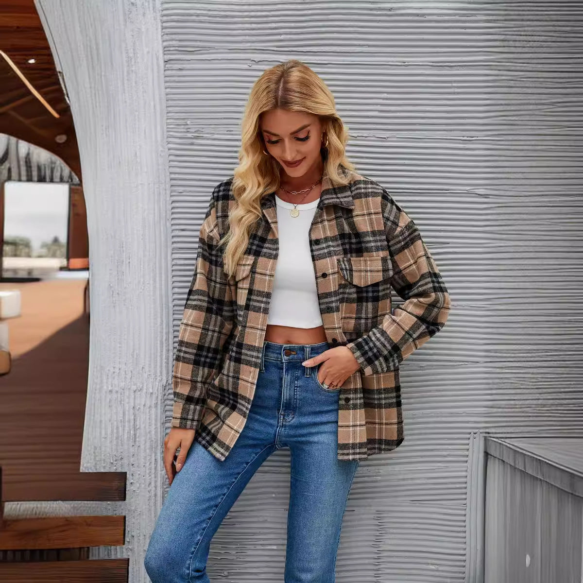 Damen Flanellhemdjacke im lässigen Karo-Design mit Brusttaschen R&B