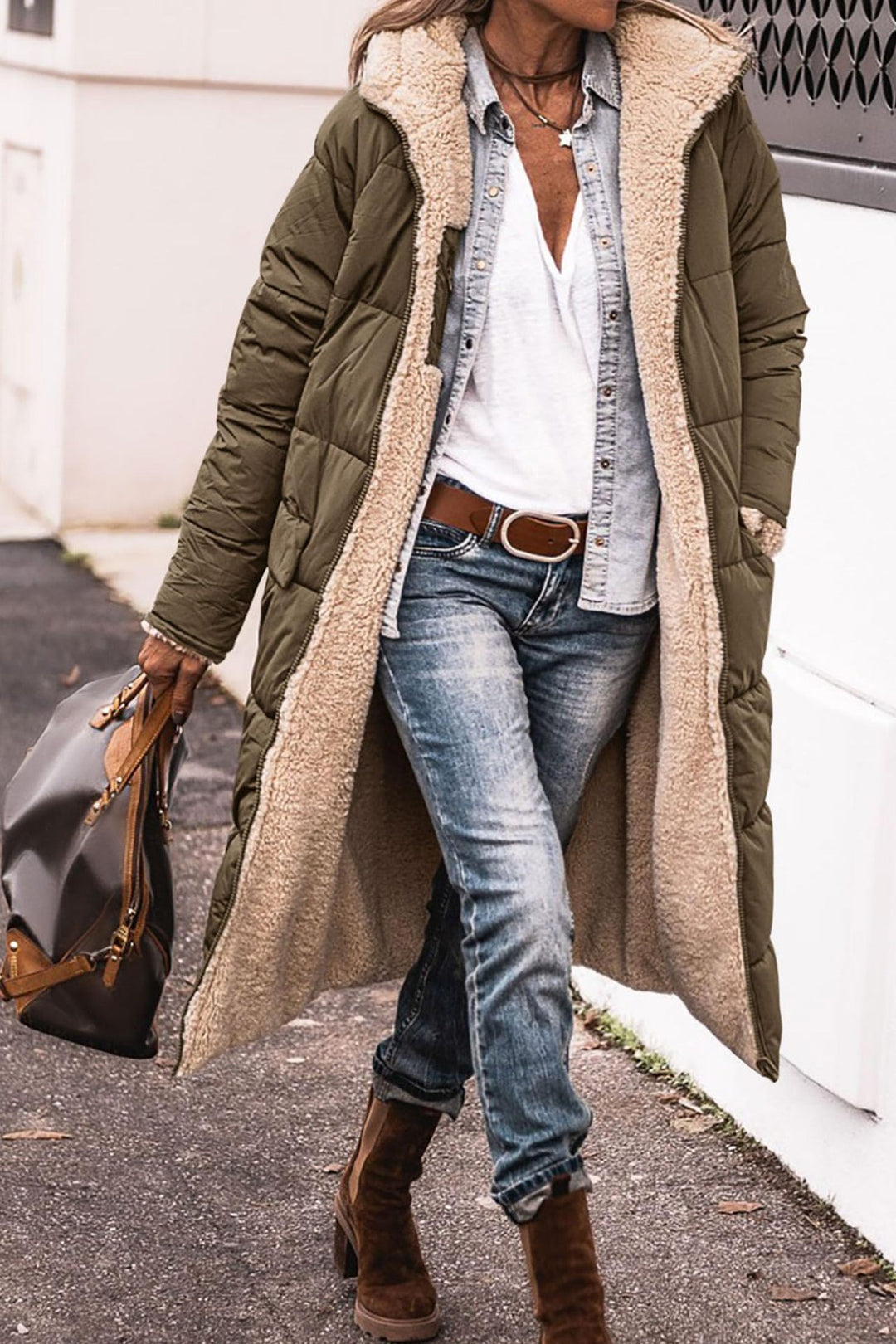 Damen lange Steppjacke mit kuscheligem Innenfutter und großzügiger Passform R&B