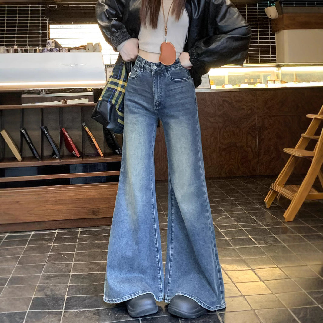 Damen weit geschnittene Flared-Jeans mit hohem Bund und modischem Design R&B
