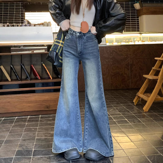 Damen weit geschnittene Flared-Jeans mit hohem Bund und modischem Design R&B