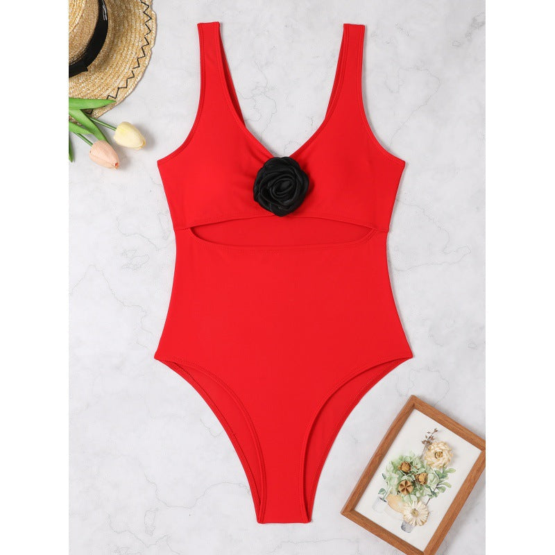 Damen Einteiliger Badeanzug mit floraler Applikation und modischem Cut-Out R&B