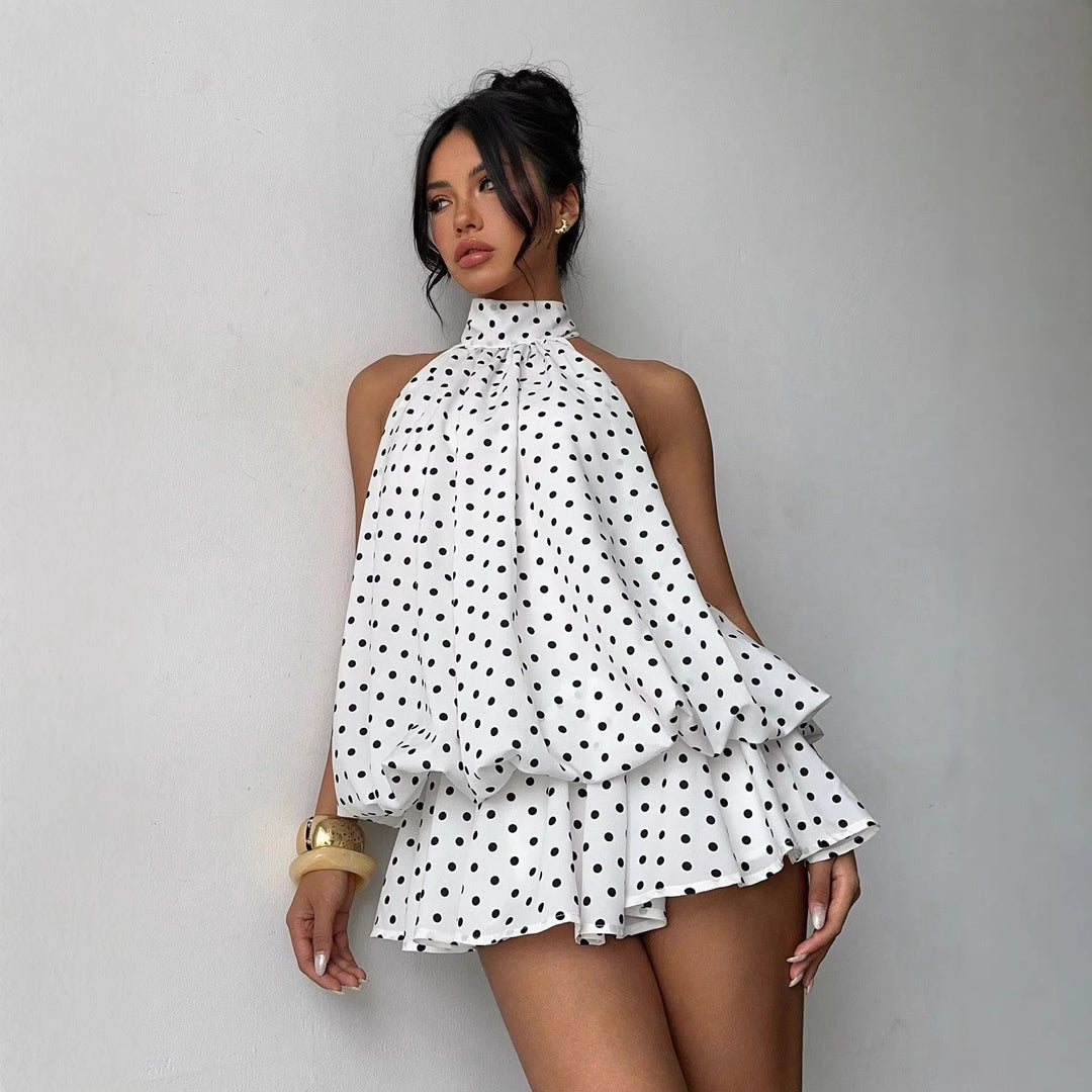 Damen modisches Polka-Dots Set mit hohem Kragen und voluminösen Ärmeln R&B