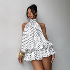 Damen modisches Polka-Dots Set mit hohem Kragen und voluminösen Ärmeln R&B