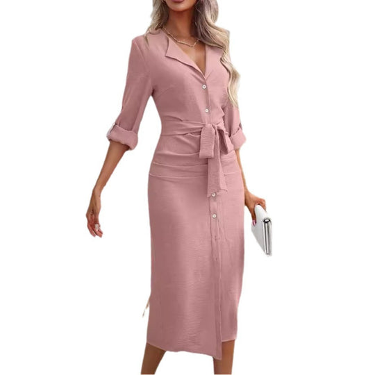 Damen Knielanges Hemdblusenkleid mit Taillengürtel R&B