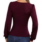 Damen figurbetontes Langarmshirt mit V-Ausschnitt und Ballonärmeln R&B