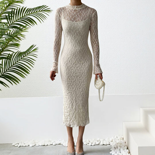 Damen Elegantes Kleid mit transparenten Spitzenärmel R&B