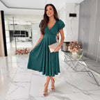 Damen A-Linie Kleid mit Puffärmeln und schmalem V-Ausschnitt R&B