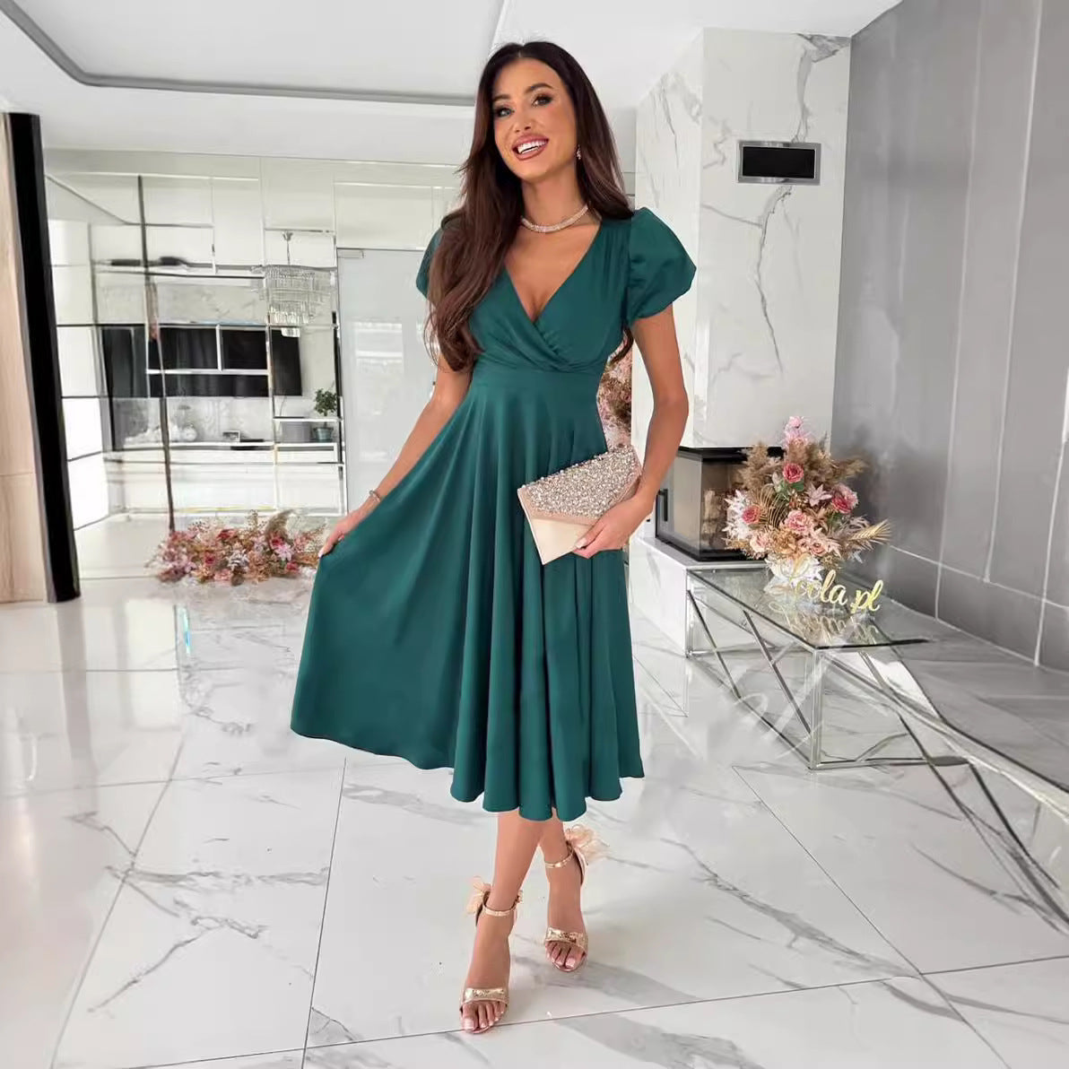 Damen A-Linie Kleid mit Puffärmeln und schmalem V-Ausschnitt R&B