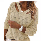 Damen lässiger Strickpullover mit V-Ausschnitt und einzigartigem Cut-out-Design R&B